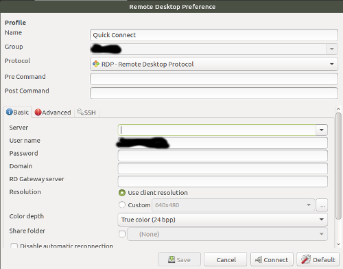 remmina create connection for RDP